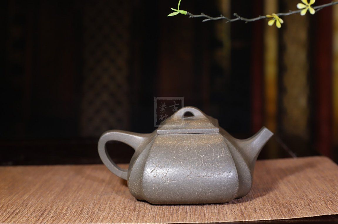 四方抽角石瓢经典紫砂壶抽角宜兴全手工高级工艺美术师泡茶壶茶具蟹壳青