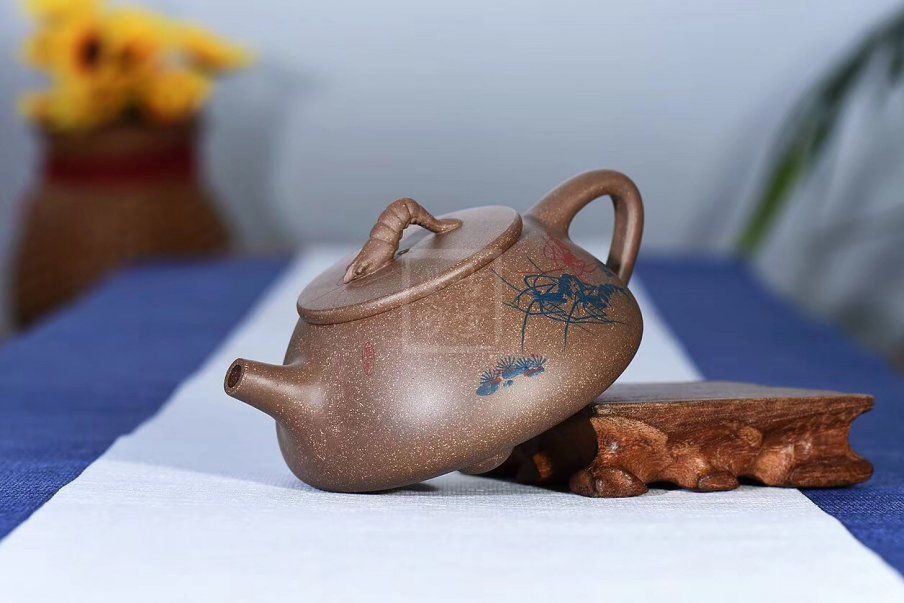 《虾趣石瓢》宜兴青段泥紫砂壶实力派名家全手工石瓢茶壶 - 点击图像关闭