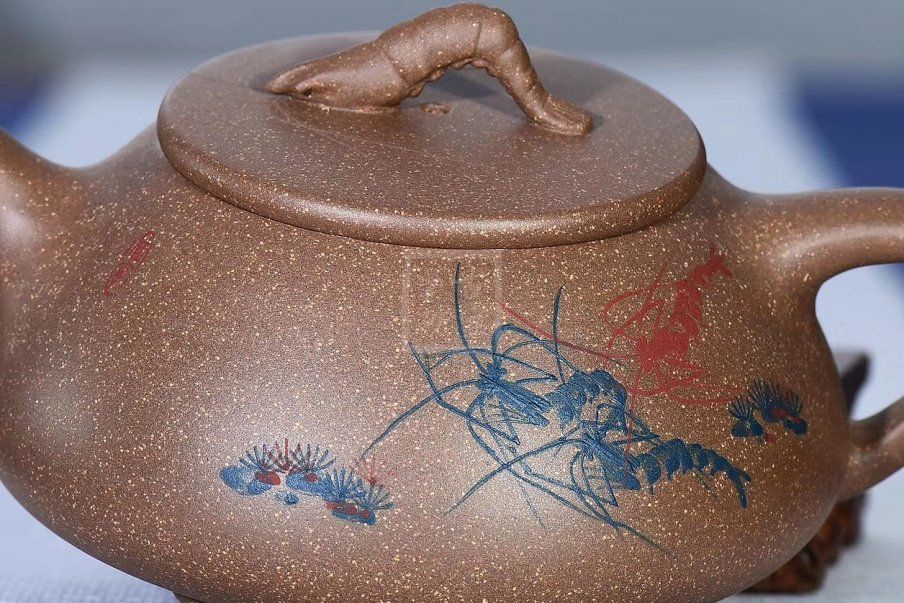 《虾趣石瓢》宜兴青段泥紫砂壶实力派名家全手工石瓢茶壶 - 点击图像关闭