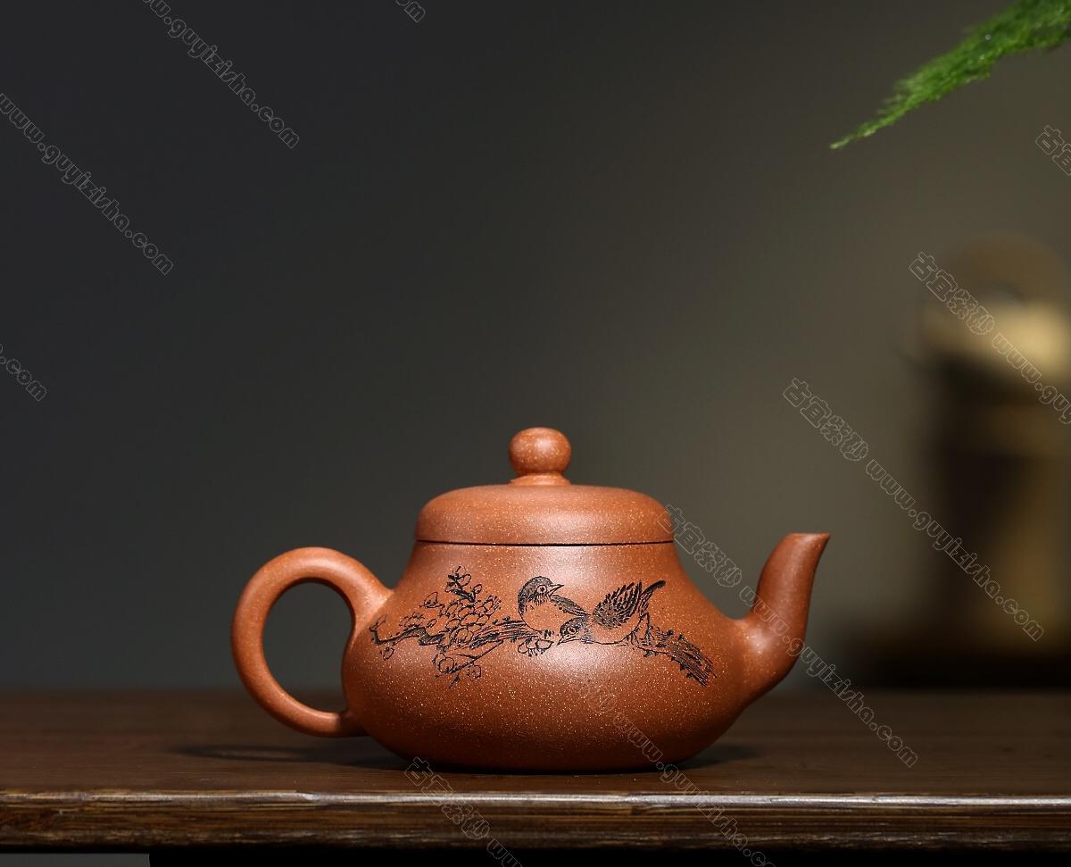 君德壶精刻花鸟|正品王芳紫砂壶价格|蟹黄段270CC