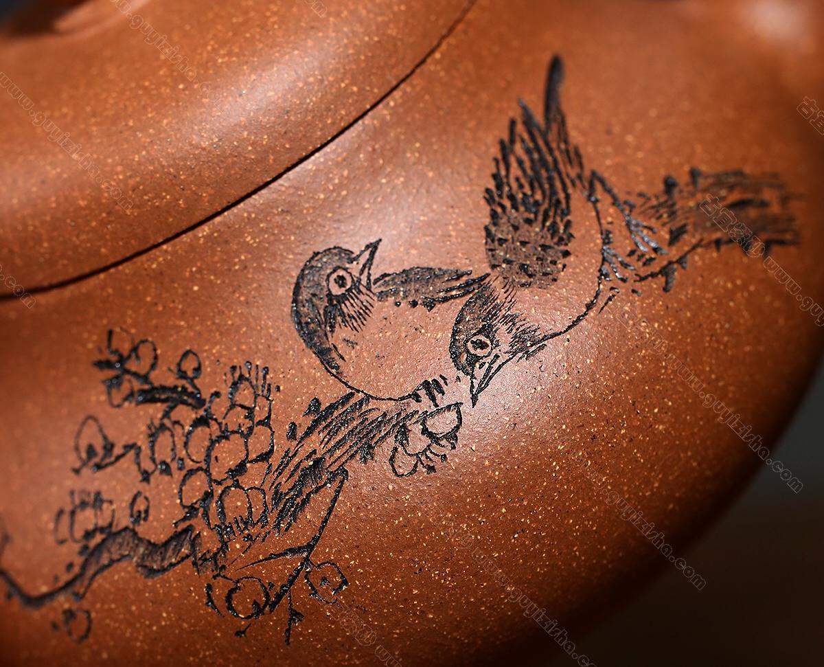 君德壶精刻花鸟|正品王芳紫砂壶价格|蟹黄段270CC