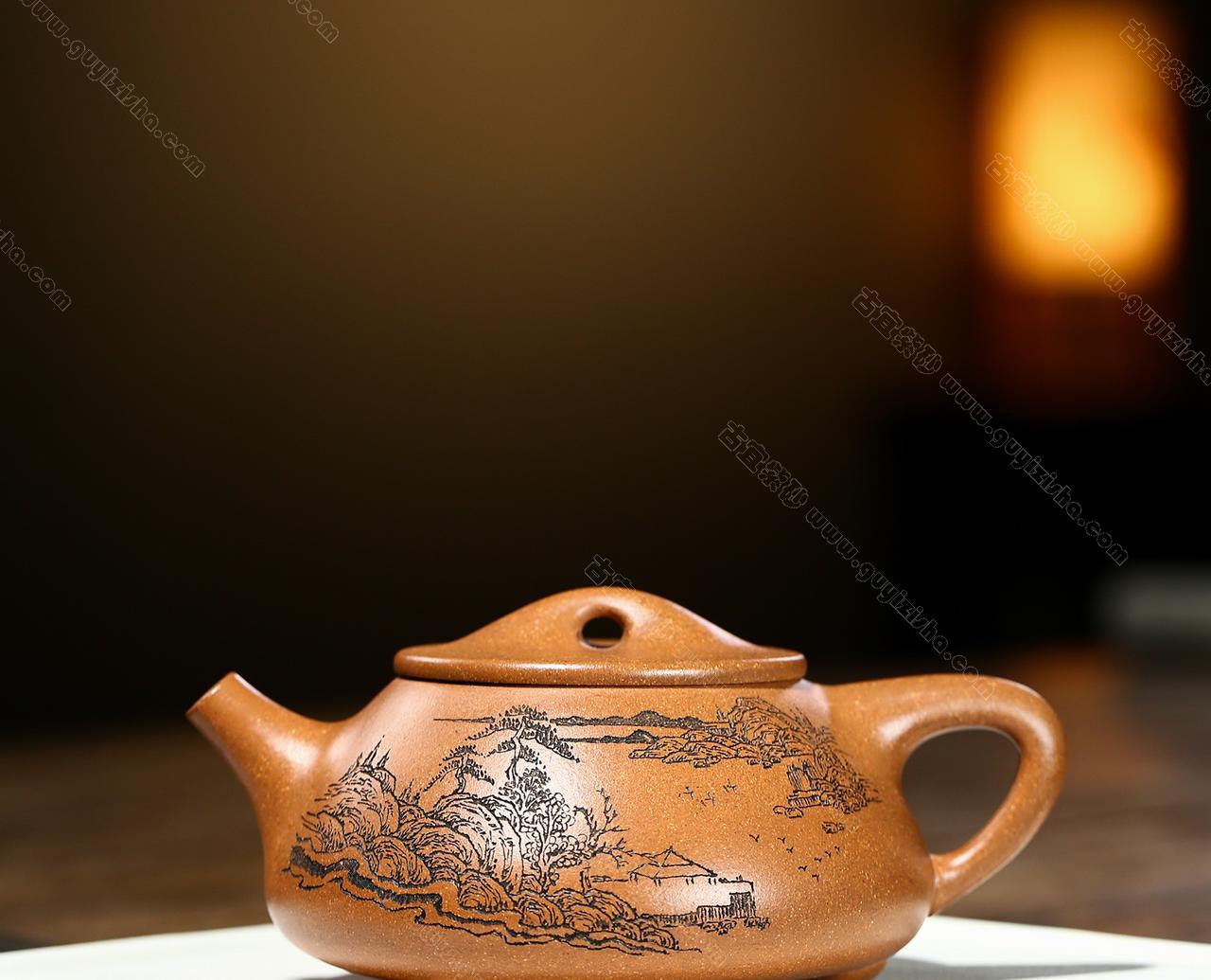 中国古美術・原鉱段泥石瓢紫砂壺・底款：武陵芸人・蓋款：顧景舟・紫砂