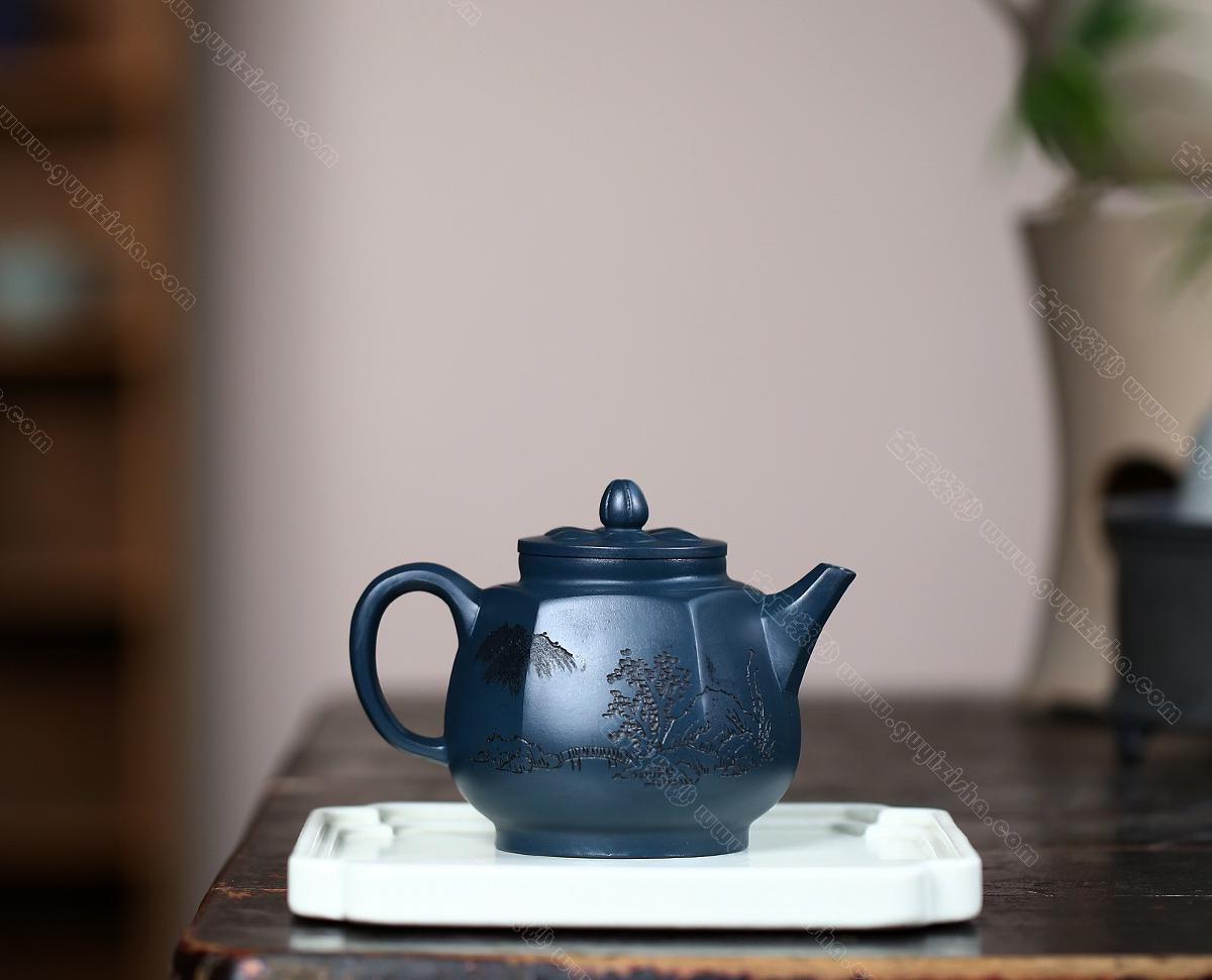 六方菱花|正品强济人紫砂壶价格|墨绿泥310CC