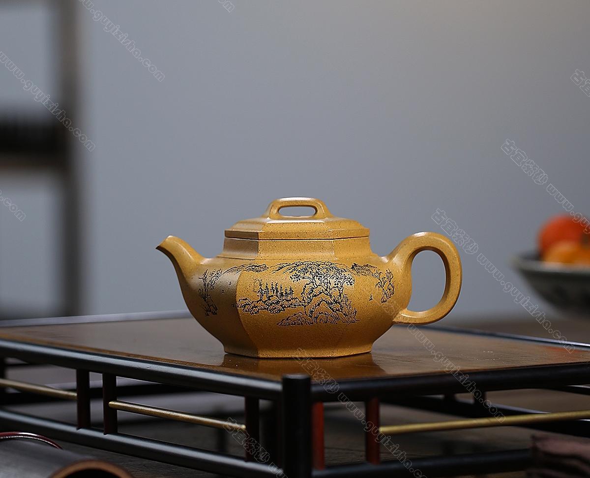 古陶芸 紫砂壷 中国 清時代 陳子畝製 「龍鳳泥絵紋六方壺」 段泥