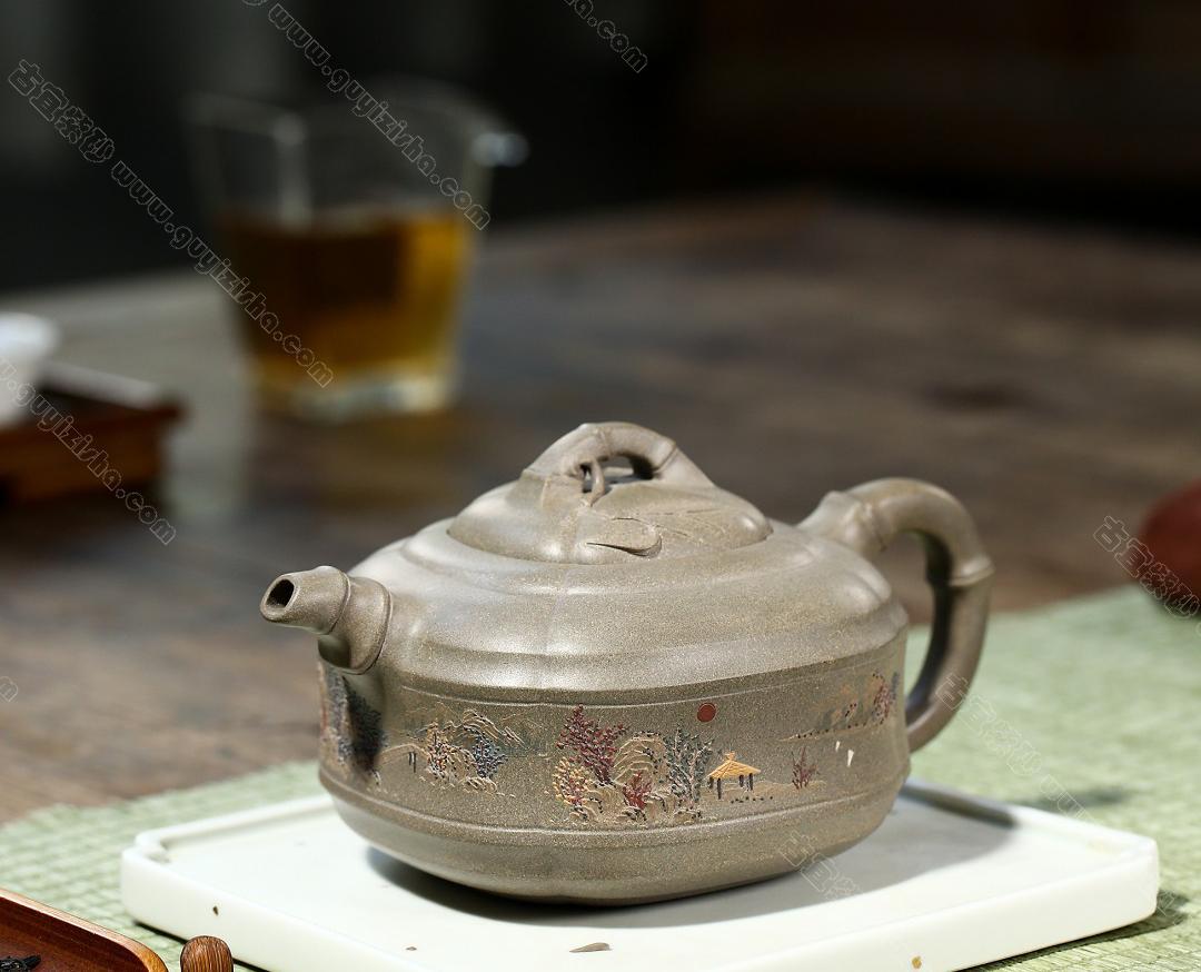 四方竹鼓|正品蒋爱英紫砂壶价格|蟹壳青450CC